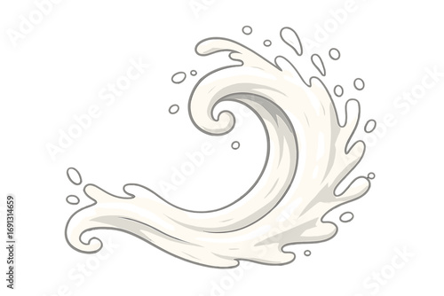 Milk splash wave vector. White liquid swirl and pouring drops. Fresh dairy cream drink or yogurt flow concept. Natural organic food product. Cartoon illustration isolated graphic.