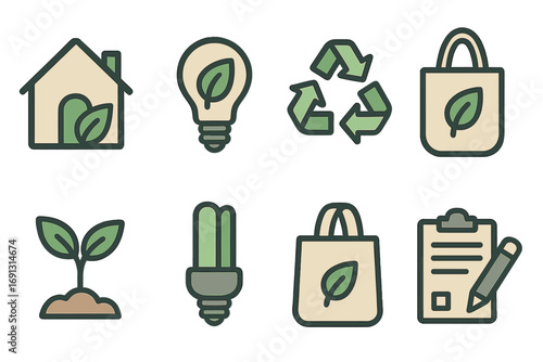 Minimalist eco living icons set with green leaf symbols, sustainable energy and recycling symbols, reusable bags, plant growth, and environmental business essentials illustration pack