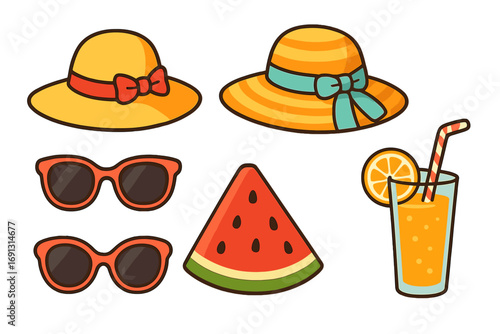 Summer beach essentials icon set. Vector cartoon illustration of sun hats, sunglasses, watermelon and fresh juice. Vacation holiday symbols for a fun day in the sun.