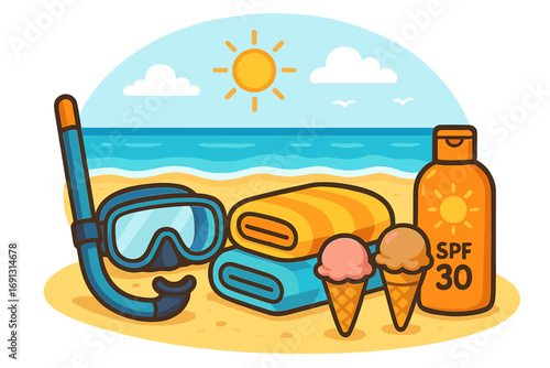 Summer beach essentials with snorkeling gear, colorful towels, ice cream cones, and SPF 30 sunscreen at sunny beachside, vector cartoon illustration for vacation and travel