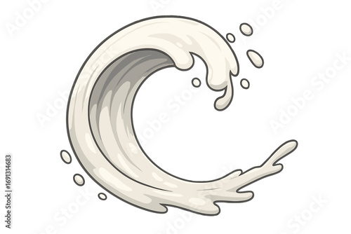 White milk splash and wave. Fresh dairy cream or yogurt. Liquid pouring flow. Swirl drop vector illustration. Cartoon drink design element. Natural food, breakfast concept.