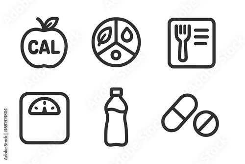 Minimalist nutrition icons set with calorie count apple, macronutrient pie chart, meal planning sheet, weight scale, water bottle, and pills. Simple health and diet vector illustration.