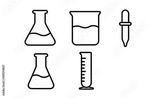 Laboratory glassware line icon set. Chemistry science equipment symbols. Vector illustration of flask, beaker, graduated cylinder, pipette. Chemical research, experiment concept.