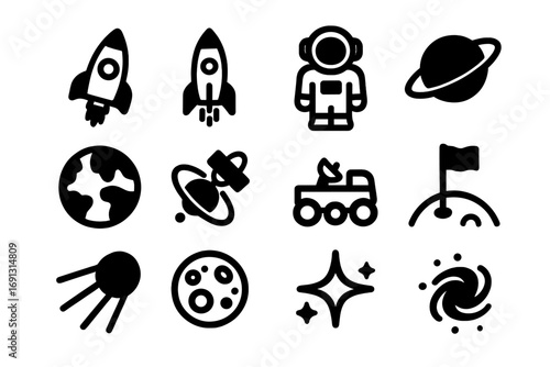 Space exploration solid icon set. Glyph collection of rocket, astronaut, planet, earth, moon, rover, satellite, galaxy. Astronomy science symbol silhouette vector pack.