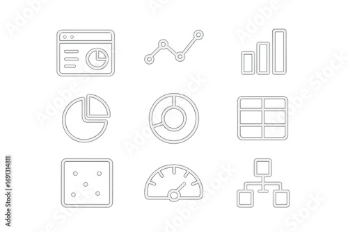 Minimalistic vector icon set with dashboard, data visualization symbols, charts, graphs, analytics, statistics, performance, digital interface, transparent background, ordered design collection