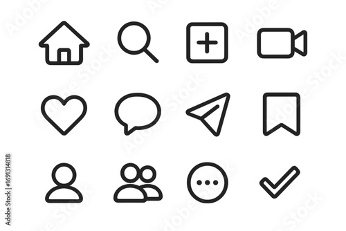 Minimalist social media interface icons for mobile and web design, vector cartoon illustration with transparent background, ordered set, clean UI symbols, digital communication elements