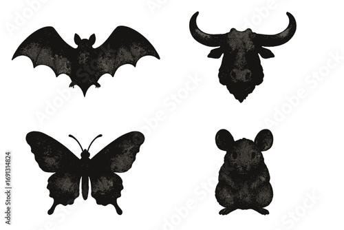 Rorschach inkblot test animal set for psychology. Bat, butterfly, bull, and mouse silhouettes. Psychological interpretation and mental health symbols. Abstract symmetrical shapes.