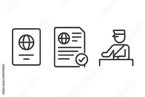 Minimalist travel icon set featuring passport, visa, customs officer, travel documents, border control, global identification, travel essentials, vector cartoon illustration, transparent background