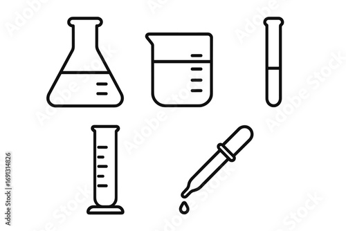 Laboratory glassware line icon set. Chemistry and science research equipment symbols. Vector outline illustration of flask, beaker, test tube, graduated cylinder, and pipette.