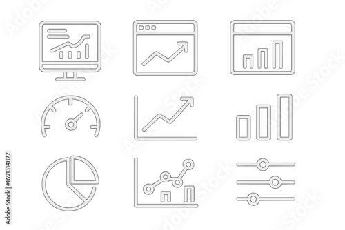 Minimalistic dashboard icon set with data visualization symbols, charts, graphs, speedometer, performance indicators, analytics vector illustration, transparent background, ordered design