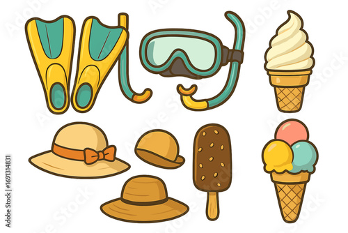 Summer vacation essentials with snorkeling fins, snorkel mask, beach hats, and ice cream treats for a fun beach day, colorful cartoon vector illustration transparent background