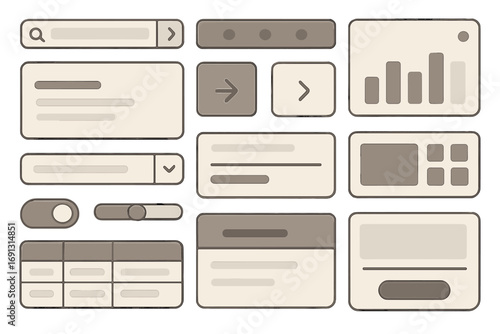 Modern UI kit with user interface design elements. Web application GUI components. Vector cartoon set with button, menu, search, slider, graph for dashboard and app design.