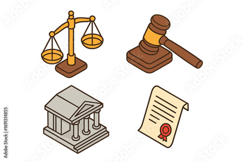 Legal and justice isometric icons set. Scale, gavel, courthouse, and certificate symbols for law concepts. Vector cartoon illustration of court, judgment, lawyer, and auction.
