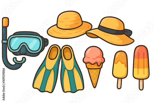 Summer vacation essentials with snorkeling gear, beach hats, colorful flippers, and delicious ice cream cones and popsicles. Cartoon vector illustration for warm weather fun and beach activities