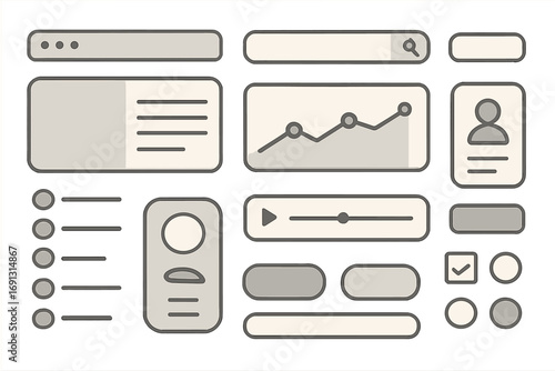 UI kit web design elements. User interface template for app and website. UX wireframe components. Dashboard graph, buttons, search bar. Vector cartoon illustration set.
