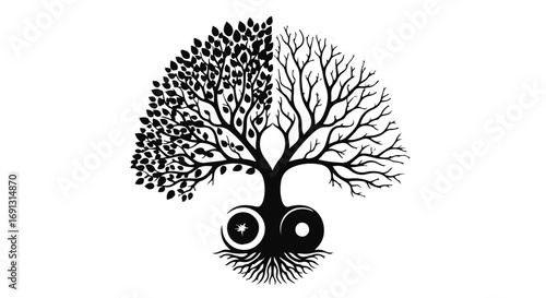 Symbolic tree with vibrant foliage on one side and bare branches on the other, representing life cycles and duality.