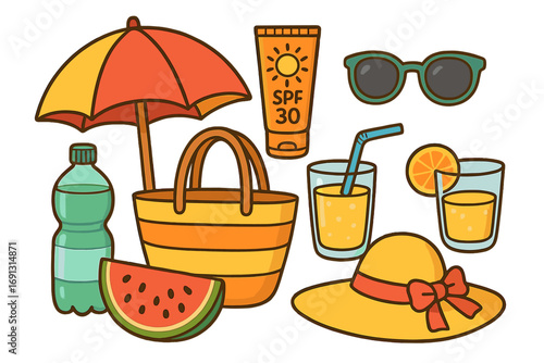 Summer vacation essentials for a fun beach day by the sea including sun protection, refreshing drinks, sunglasses, umbrella, watermelon, and stylish accessories. Vibrant vector cartoon illustration.