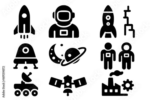 Space exploration solid icon set. Vector glyph symbols of rocket, astronaut, planet and satellite. Cosmos exploration, science and space industry cartoon illustration.