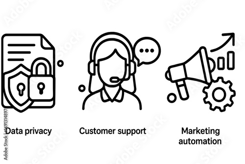 Modern linear icons set for data privacy, customer support, and marketing automation. Vector cartoon-style illustration with transparent background, ordered business concept elements