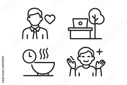 Minimalistic vector icons promoting employee wellness, healthy work-life balance, office relaxation, self-care, productivity, wellness breaks, mental health, and positive workplace habits