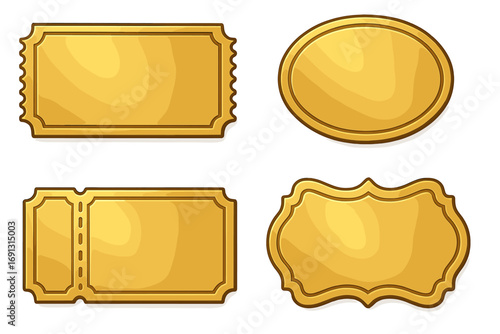 Golden ticket vector set for event access. Collection of blank vintage labels, elegant retro frames, and gold tags. VIP award certificate, raffle coupon, or gift voucher.