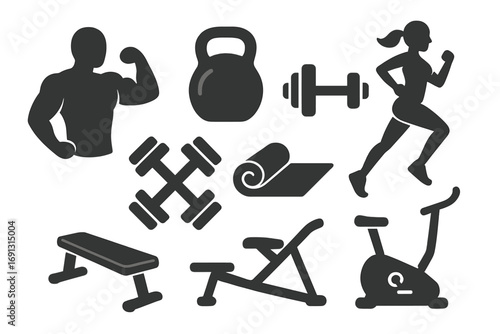 Modern fitness icons in monochrome silhouette style for gym and exercise, vector cartoon illustration with transparent background, ordered set of workout equipment and active people