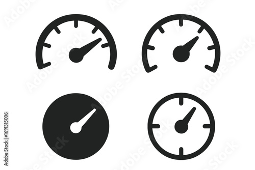 Car dashboard speedometer gauge flat icon set. Tachometer, manometer symbol silhouette. Vector pictogram for speed, indicator, test, performance, measurement, level, load.