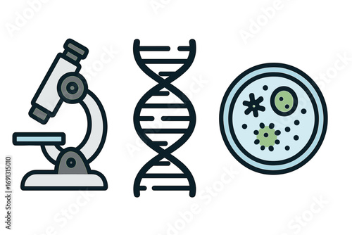 Scientific exploration symbols with microscope, DNA helix, and petri dish, biology research tools, molecular science, laboratory equipment, genetic study, microbiology, vector cartoon illustration