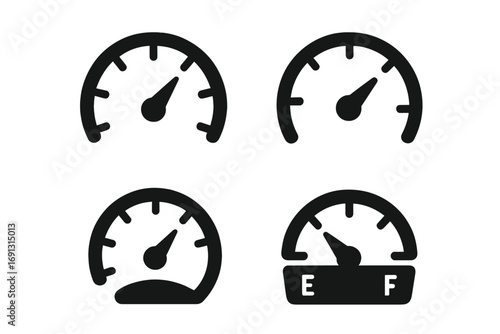 Speedometer gauge icon set for vehicle dashboard. Fuel, speed, and performance meter silhouette collection. Vector graphic for car interface, level indicator, and tachometer.