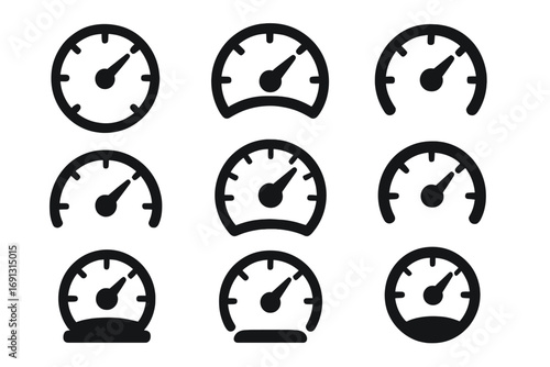 Speedometer gauge icon set. Vehicle dashboard silhouette. Speed meter, tachometer pictogram collection. Car performance indicator. Fast, limit, pressure level concept vector.