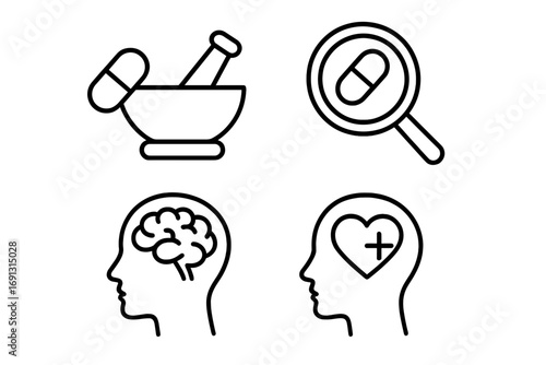 Pharmaceutical research and mental health wellness icons, vector cartoon illustration set with pill, mortar and pestle, magnifying glass, brain, and heart symbols, healthcare and medicine concepts