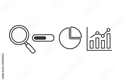 Data analysis line icons. Business analytics concept. Magnifying glass for research, progress bar, pie chart, statistics graph. Infographic elements. Vector icon set editable stroke.