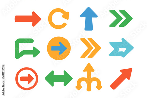 Set of colorful arrow icons in flat design. Vector collection of various directional symbols for navigation, web UI, and graphic design. Pointers for direction and movement.