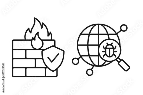 Network security icons with firewall protection, shield checkmark, bug detection, global internet safety, cyber threat search, line art vector set, transparent background