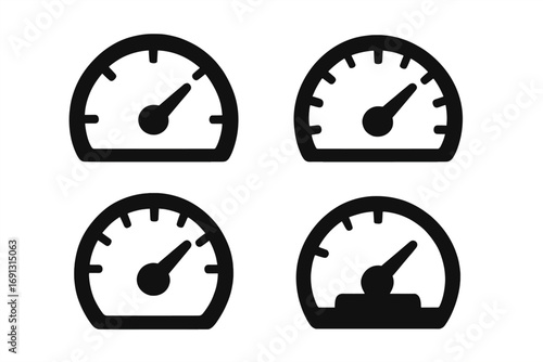 Speedometer gauge silhouette icon set. Automotive measurement icons. Car dashboard performance indicator sign. Vector tachometer symbol for speed, fast level, and progress.
