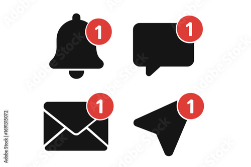 Notification icon set with red alert badges, message and inbox notification symbols, follower alert bell, push notification vector collection, solid filled cartoon style