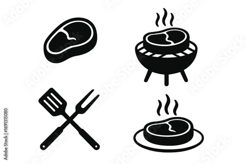 Steak cooking silhouette icon set. Barbecue and grill vector symbols. Raw meat, grilling process, bbq tools, and cooked beef steak on a plate. Culinary art concept.