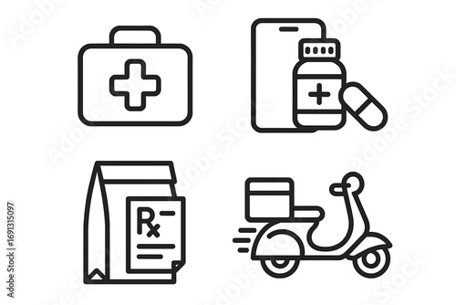 Pharmacy delivery icons set, medical and prescription line art collection, logistics and healthcare vector illustration, transparent background, ordered design for pharmacy services