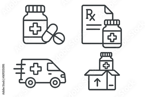 Pharmacy delivery icons set medical prescription medicine logistics healthcare drugstore pills bottle fast shipping vector line art illustration collection transparent background ordered