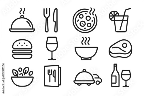 Minimalist restaurant menu icons set with black line style, food and dining vector illustrations, pizza, burger, soup, steak, salad, wine glass, drink, cutlery, delivery, and menu design elements