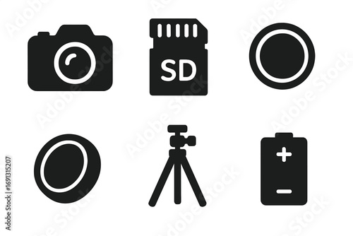 Photography icon set vector, solid black filled symbols of DSLR camera, memory card, camera lens, filter, tripod, battery, nature photography equipment illustrations