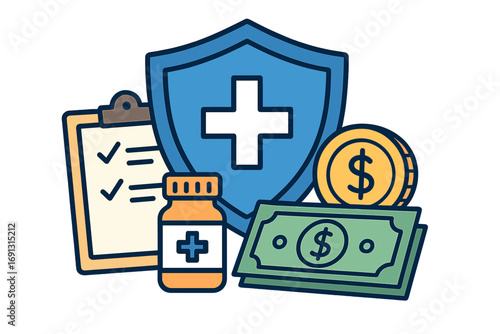 Health insurance vector concept. Medical care cost and financial protection. Healthcare plan policy with shield, medicine, money and documents. Medical expenses and savings.