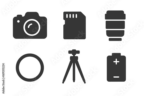Photography icon set with DSLR camera, memory card, lens, filter, tripod, battery, vector illustration, solid filled style, photo equipment symbols, nature photography accessories