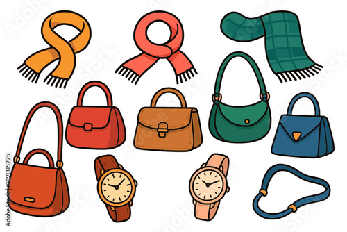 Colorful fashion accessories collection with scarves, handbags, watches, belts, stylish cartoon vector illustration, trendy casual and elegant wear, transparent background