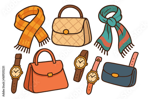 Variety of fashion accessories including colorful scarves, elegant handbags, and classic wristwatches, stylish vector cartoon illustration, fashion essentials display, transparent background