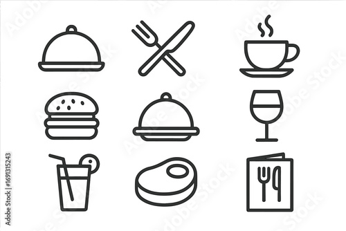 Minimalist restaurant menu icons set, black line style vector illustration with food, drinks, dining symbols, coffee cup, burger, wine glass, steak, fork, knife, menu design