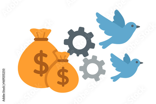 Finance technology concept. Business investment and money workflow. Financial system with gears and birds. Profit growth, capital funding, and economic success vector cartoon.