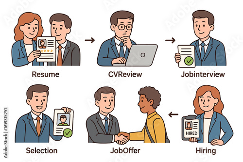Recruitment process workflow with key business hiring steps, including resume submission, CV review, job interview, selection, job offer, and final hiring in professional cartoon style