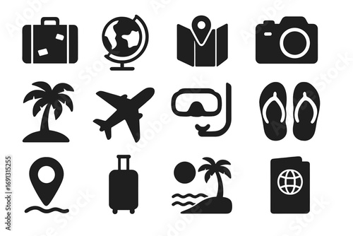 Travel and vacation silhouette icon set for summer holiday, tourism, and adventure. Vector glyph collection with airplane, passport, luggage, beach, map, and camera symbols.