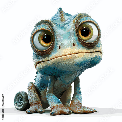 An endearing cartoon chameleon sitting, eyes wide, conveying a sense of curiosity and wonder